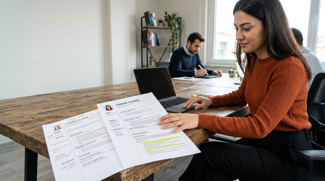 Dizüstü bilgisayarda iş ilanına uygun CV hazırlayan kişi