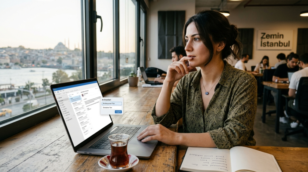 Laptop başında profesyonel e-posta yanıtı hazırlayan kişi
