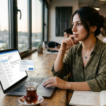 Laptop başında profesyonel e-posta yanıtı hazırlayan kişi
