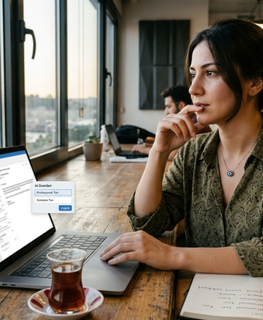 Laptop başında profesyonel e-posta yanıtı hazırlayan kişi