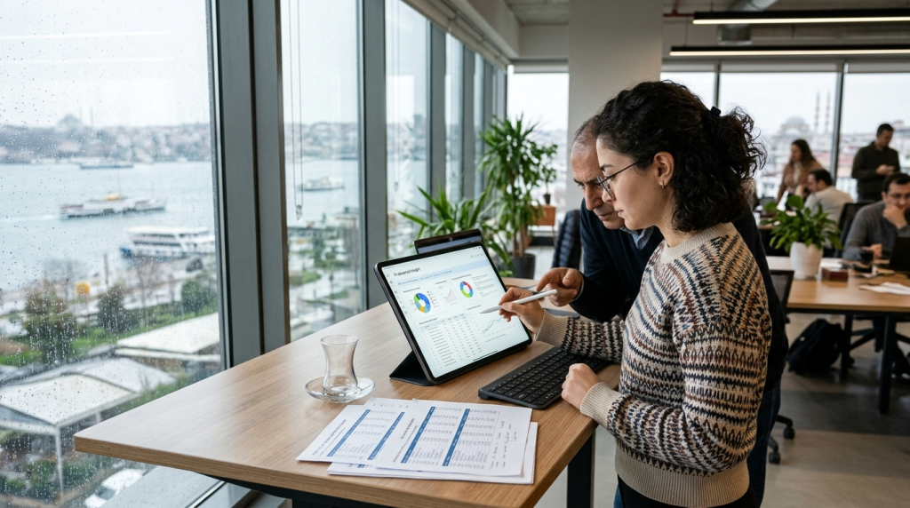 Excel veri analizi yapan bir çalışanın dizüstü bilgisayar ekranındaki tablo