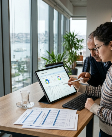 Excel veri analizi yapan bir çalışanın dizüstü bilgisayar ekranındaki tablo